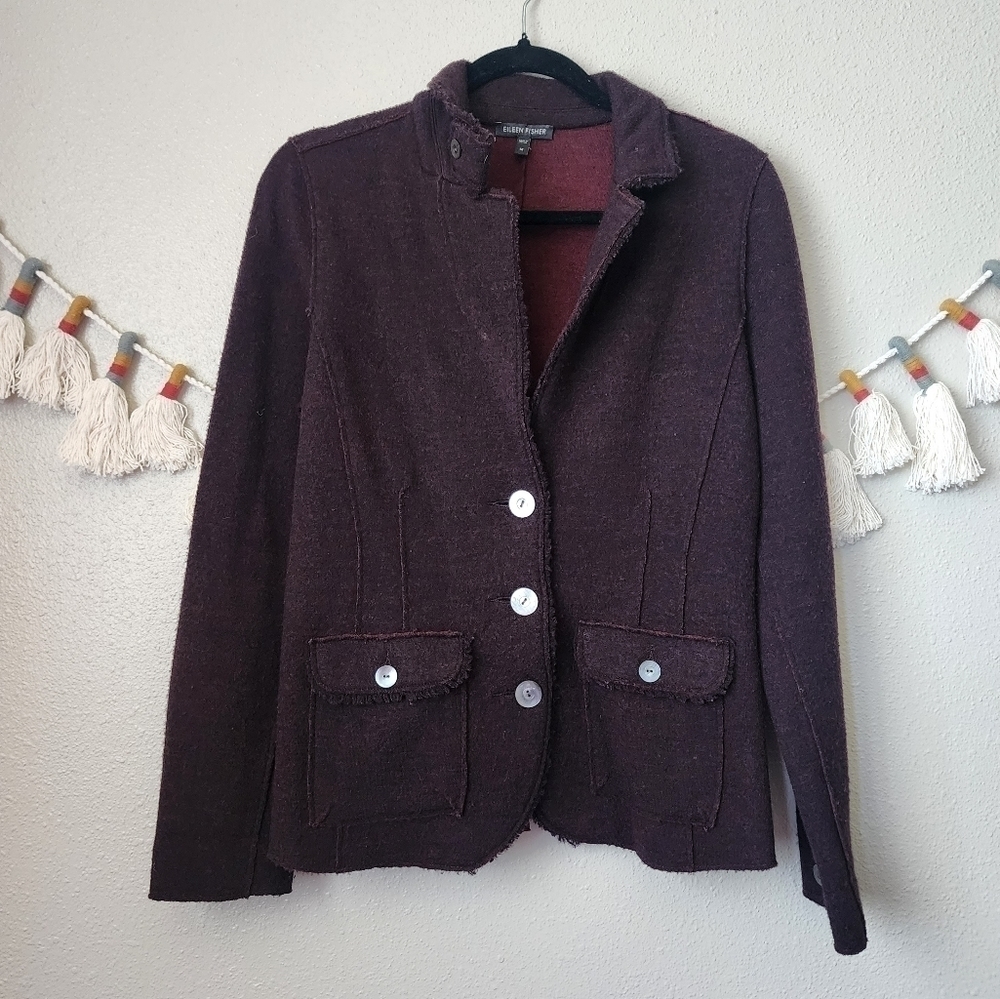 Eileen Fisher Felted Merino Wool Maroon Brown Knit Button Front Blazer Minimal M